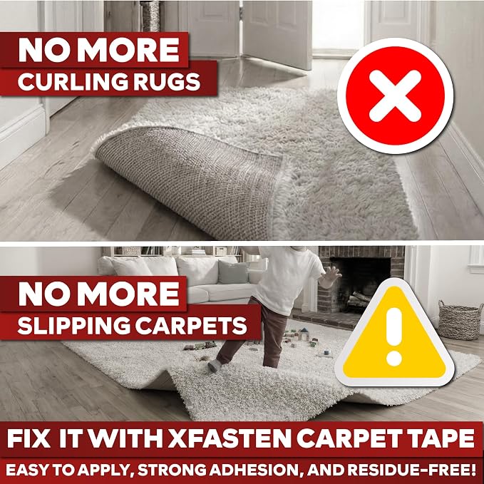 XFasten Double-Sided Carpet Tape for Area Rugs, 2 Inch x 60 Yards (180 Ft), Heavy Duty Grippy Residue-Free Silicone Adhesive Keeps Rugs in Place on Hardwood, Laminate and Tile Floors