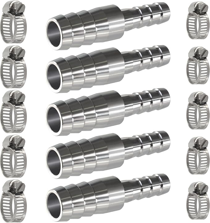 Stainless Steel Hose Barb Reducer 1/2" (12mm) to 5/16" (8mm) | with stainless steel hose clamps; suitable for pipe, fuel and air line repair, reducing connections and hose splicing 5-Pack