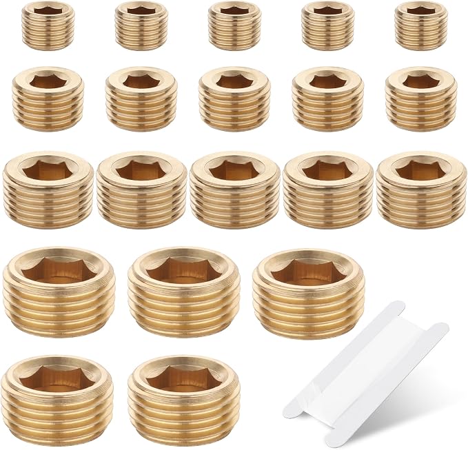 20PCS Brass Pipe Fitting Socket Plugs Kit,1/8" 1/4" 3/8" 1/2" NPT | Male Internal Hex Thread Socket Plug Fittings Assortment Kit,4 Sizes