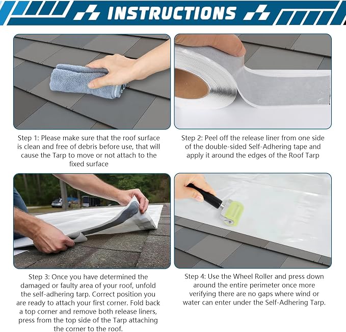 Self-Adhesive Roof Tarp | 5’ x 5’ Heavy Duty Roof Tarp with Self Stick Roll Butyl Tape White Multi Purpose Thick UV-Resistant Roof Waterproof Cloth for Leaks, Roof Repairs