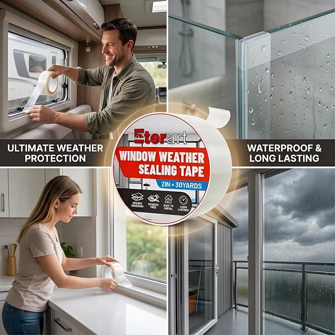 ETERART Transparent Weatherproof Seal Tape for Rain Leaks, 2" x 30Yds | Heavy Duty Adhesive for Winter Drafts, No-Residue Weather Stripping for RVs, Windows, Doors & Renters, easy tear