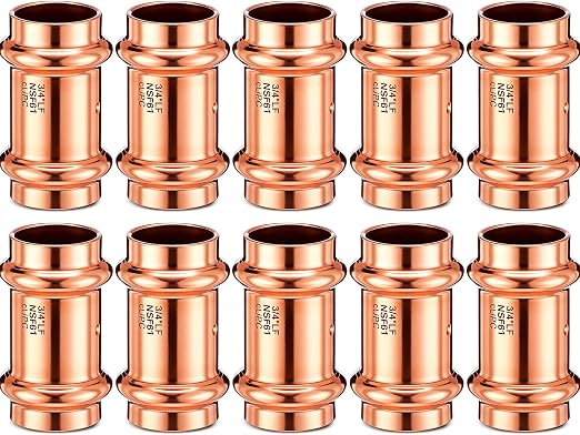 Therwen 10 Pcs Copper Pipe Press Fittings, 3/4 Inch Coupling with Stop Zero Lead, 3/4" Copper Coupling with Stop for Plumbing