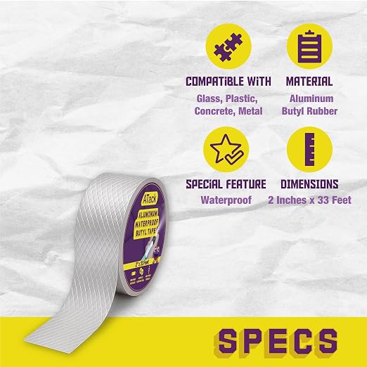 ATack Aluminum Butyl Tape Waterproof Sealing Tape 2 Inch x 33 Feet Roof Sealant for Roof and Gutter Patch, RV Repair, Metal Flashing, HVAC, Window, Pipe Sealing – Super Waterproof Thick Butyl Rubber
