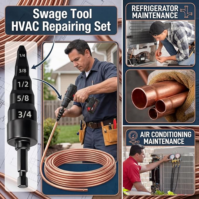 9PCS Swage Tool HVAC Repairing Set with Bit Holders, Hvac Gifts, Air Conditioner Copper Tube Expander Swaging Tool Drill Bit, 5in1 Copper Pipe Expander Swaging Drill Set 1/4'', 3/8'',1/2'',5/8'',3/4''
