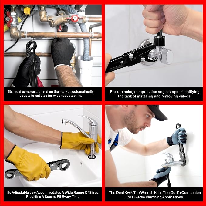 Plumbing Tools, Angle Stop Wrench Kit, Plumbing Wrench. New Compression Angle Stop and Removing the Compression Ring Professional Plumbing Toolset For Easy Angle Stop And Supply Nut Installation