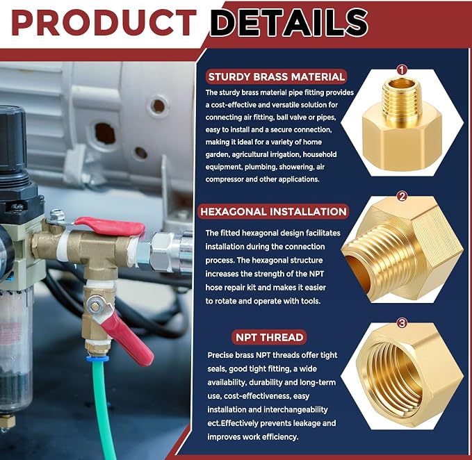 Pack of 5,3/4" NPT FeMale to 1/2" NPT Male Solid Brass Pipe Fittings | Thread Adapter W/ Sealing Tape, Brass Pipe Extension Connectors for Bathroom Remodeling, Tool Extensions