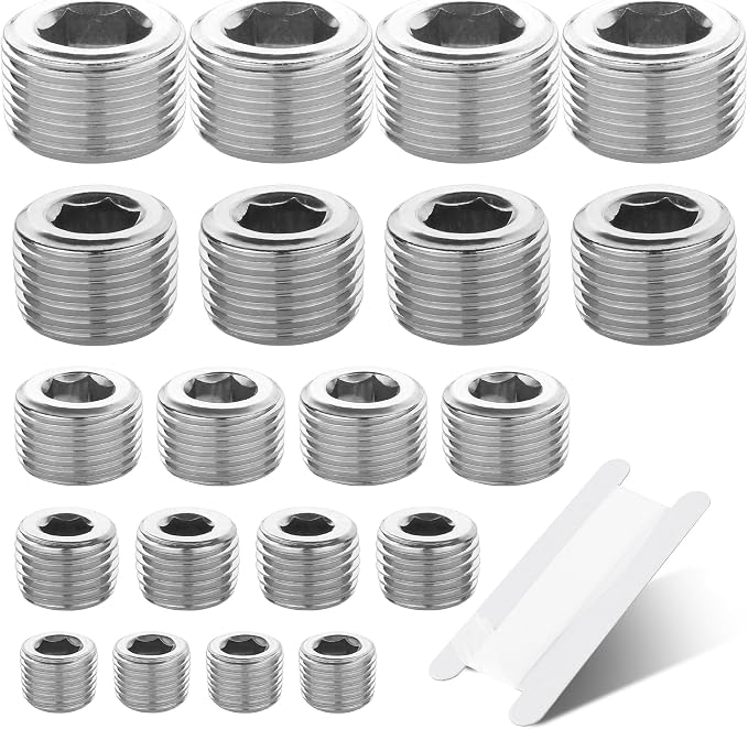 20Pcs Stainless Steel Pipe Socket Plugs,1/8" 1/4" 3/8" 1/2" 3/4" | 304 Stainless Steel NPT Male Thread Internal Hex Socket Pipe Plug Fittings Assortment,5 Sizes