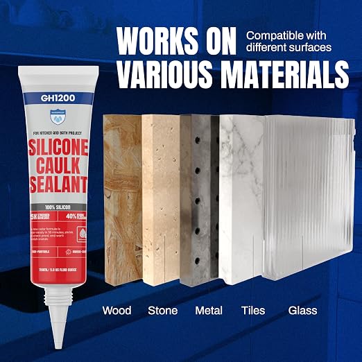 GH1200 White Silicone Sealant - 150 ML/5 FL Oz Waterproof Sealant for Kitchen & Bathroom - Shrink & Crack Proof Silicone Caulk - Indoor & Outdoor Use Sealant - Strong Formula Silicone Adhesive Tube