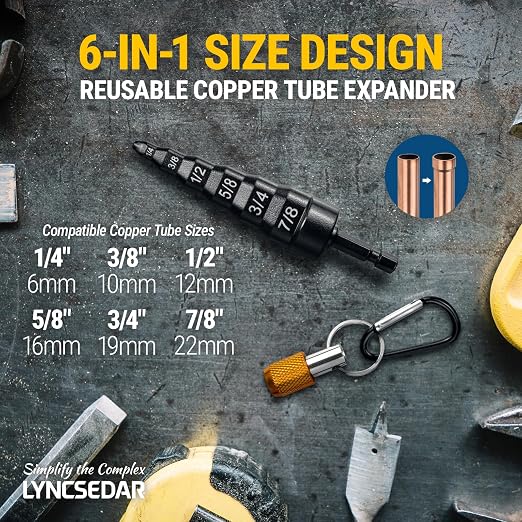 6-in-1 Copper Swaging Tool HVAC, Black Soft Tube Expander, Carbon Steel, Bit Holder, No.5 Carabiner, Swage Tool Set for Electric Drill, Swedge Repair Kit for 1/4 3/8 1/2 5/8 3/4 7/8 Pipe