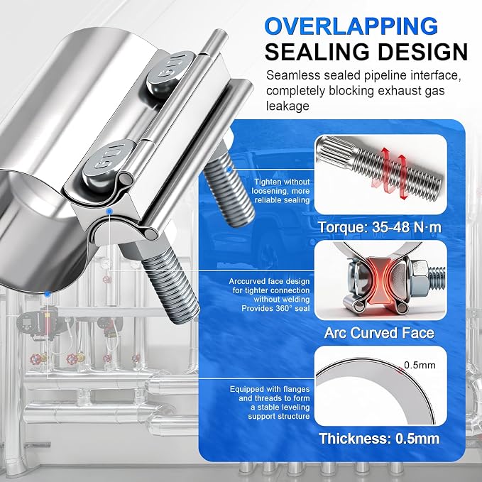 1.75 Inch Exhaust Clamp,Butt Joint Band Clamp Sleeve Coupler | 304 Stainless Steel Exhaust Band Clamp With 360° Seal Pipes 10.9 High Strength Bolt for Pipes,Mufflers,Catalytic Converters
