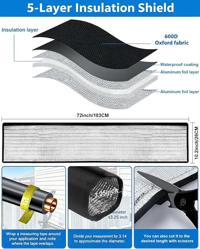 HVAC Pipe Insulation Cover 72"x10.2" AC Line Insulation Sleeve, Outdoor 5-Layer 600D Oxford Air Conditioner Line Insulation Cover for Mini Split, AC Copper Lines, Heat Pump Sunproof Anti-Freeze Black
