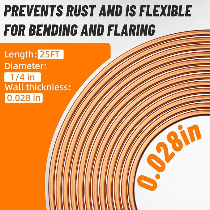 1/4" Brake Line Repair Kit with 32Pcs Fittings & 25 FT Tubing | Double & Single Brake Line Flaring Tool Kit + 25Ft 1/4 Inch Copper Coated Tube with Fittings(4 Unions Included) + Bender