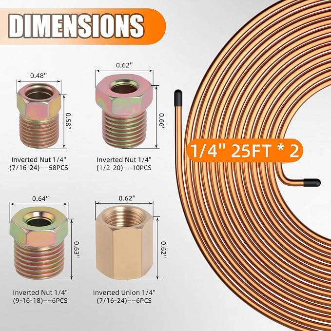 1/4" Brake Line Repair Kit with 32Pcs Fittings & 25 FT Tubing | Double & Single Brake Line Flaring Tool Kit + 25Ft 1/4 Inch Copper Coated Tube with Fittings(4 Unions Included) + Bender
