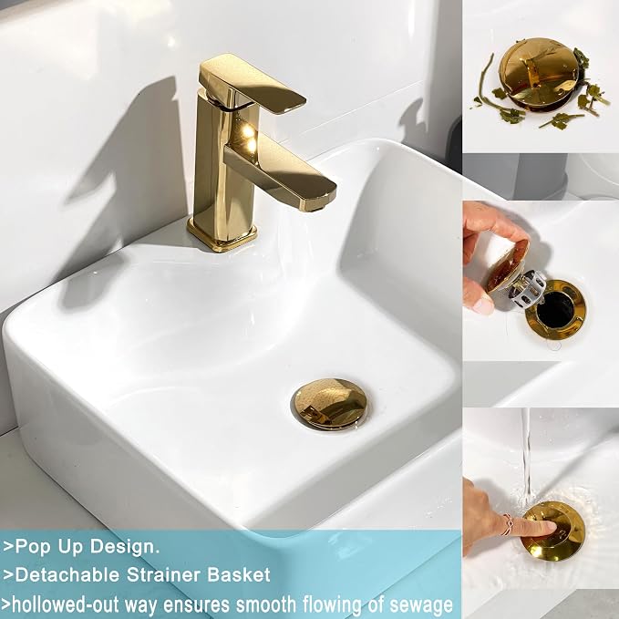 Rockgoya Bathroom Sink Drain, Gold Drain Stopper Bathroom Sink with Overflow,Pop Up Drain Assembly with Detachable Strainer Basket,Built-in Anti-Clogging Strainer,Stainless Steel