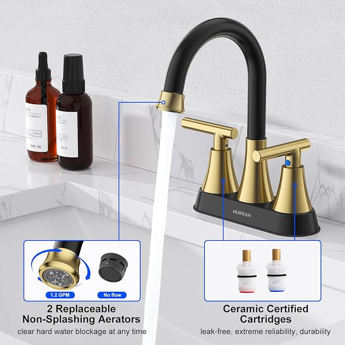 Bathroom Faucet, Hurran 4 inch Centerset 2-Handle Lead-Free, Black&Gold