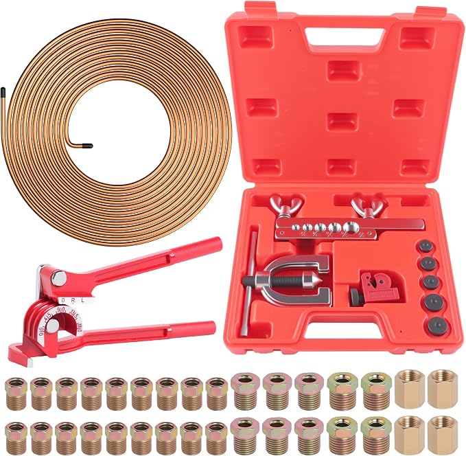 1/4" Brake Line Repair Kit with 32Pcs Fittings & 25 FT Tubing | Double & Single Brake Line Flaring Tool Kit + 25Ft 1/4 Inch Copper Coated Tube with Fittings(4 Unions Included) + Bender