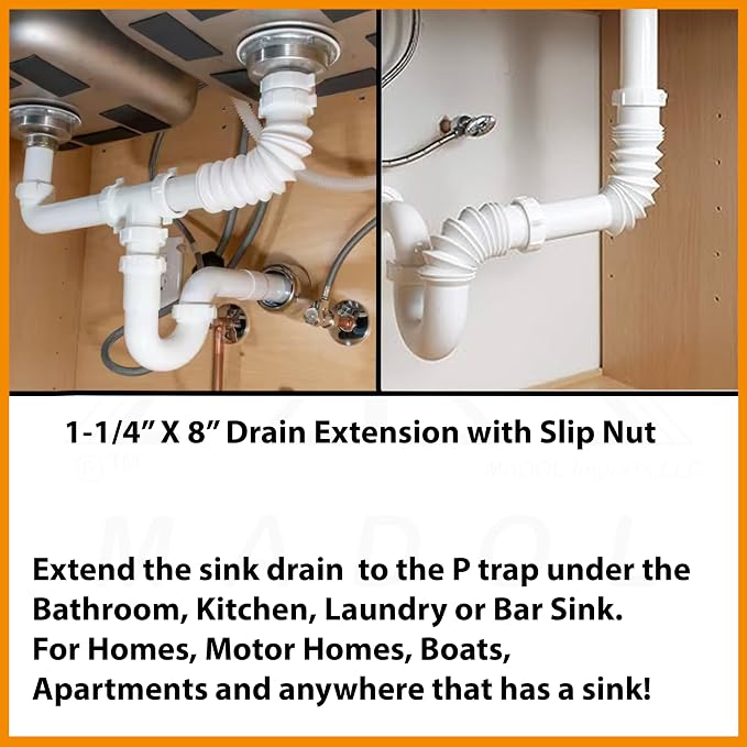 Plastic Drain Extension, 1-1/4 inch x 8 inch White Flexible tube with Slip-Joint Nut and Washer, for Tubular Drain Applications