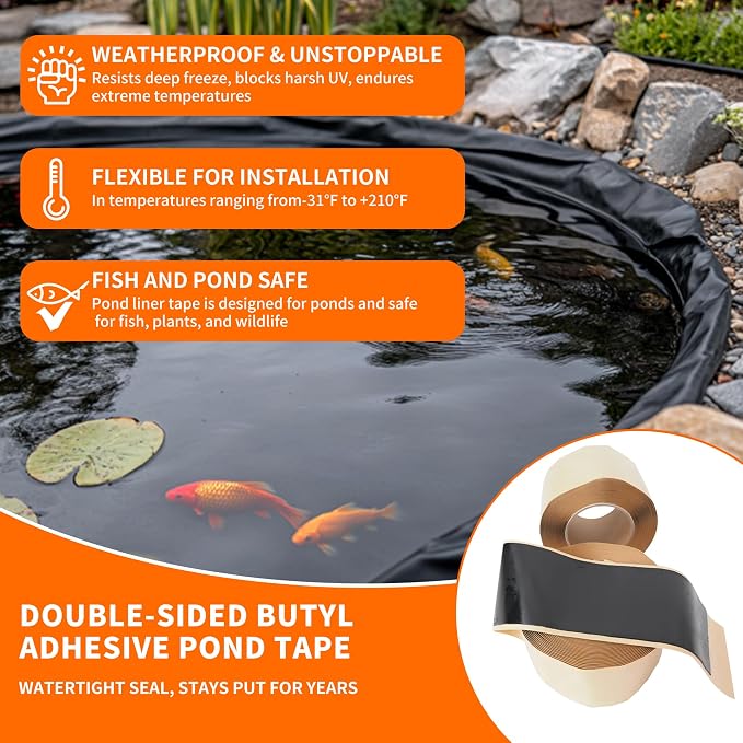 Pond Liner Seam Tape, 3" x 30' Double Sided Butyl Pond Liner Tape, Waterproof Seam Tape for EPDM Pond Liner, Self Adhesive Patch Repair Tape for Outdoor Garden Ponds and Fish Ponds (1pcs)