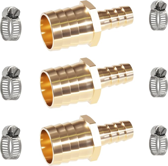 Brass Hose Barb Reducer 1" (25mm) to 3/8" (10mm) Reducing Barb Splicer Mender with Stainless Steel Pipe Clamps air Hose Repair kit for Pipe Line/Fuel/Air (Pack of 3)