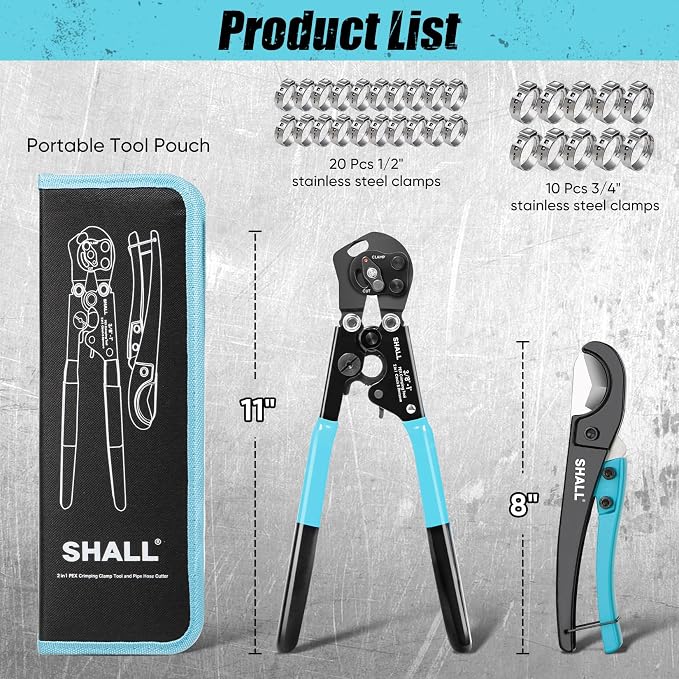 SHALL 2-IN-1 Pex Crimping Clamp Cinch & Remove Tool with Pipe Hose Cutter, Pex Pipe Fitting Crimper Tool Kit for 3/8" to 1" Stainless Steel Clamps Including 20pcs 1/2", 10pcs 3/4" Clamps & Storage Bag