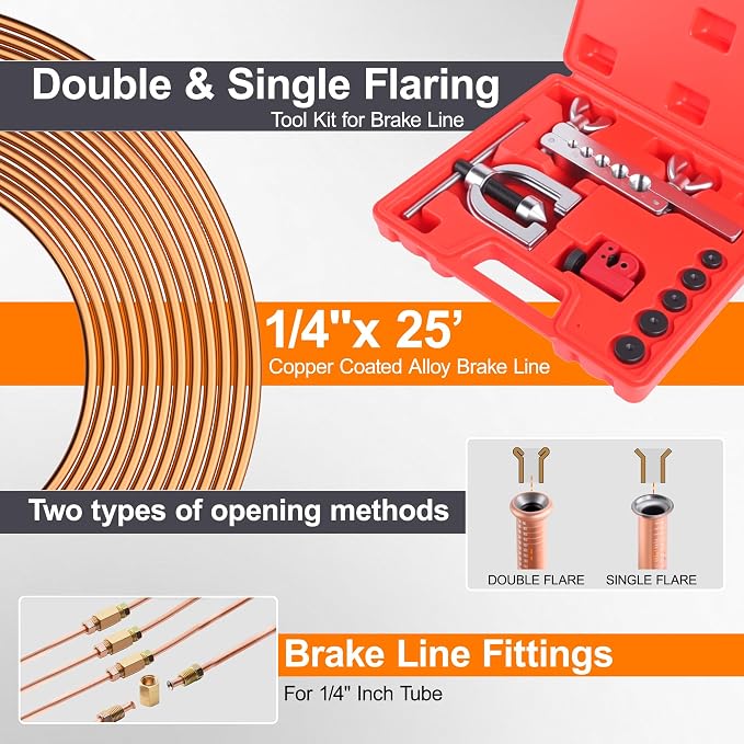 1/4" Brake Line Repair Kit with 32Pcs Fittings & 25 FT Tubing | Double & Single Brake Line Flaring Tool Kit + 25Ft 1/4 Inch Copper Coated Tube with Fittings(4 Unions Included) + Bender
