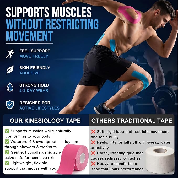 Kinesiology Athletic Tape Roll Sports Kinesio Tape for Skin Uncut | Muscle and Joint Tape Support Recovery for Knees Shoulder Elbow Ankle Neck Body Breathable Waterproof 2Inch x 16.4Ft,Hot Pink