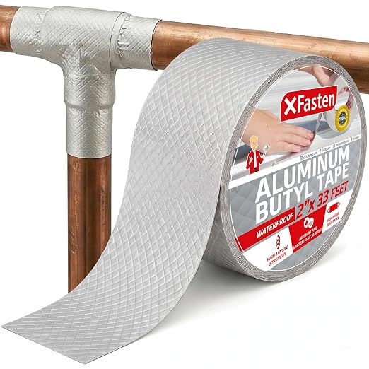 XFasten Super Waterproof Aluminum Butyl Tape, 2-Inch x 33-Foot, Aluminum Foil Tape with Butyl Rubber Adhesive for Window and Metal Roof Flashing, Patching and Gutter Leak Repair