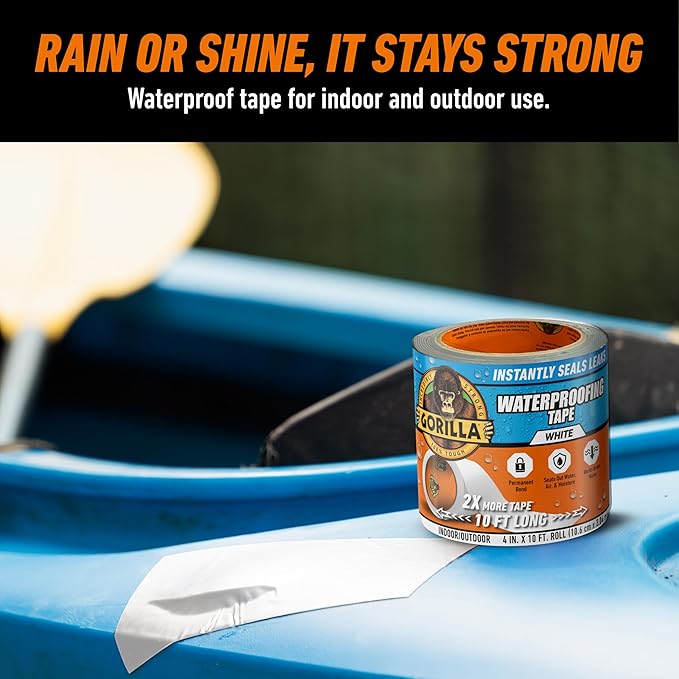 GORILLA Waterproofing Tape, Permanent Seal, White, 4" x 10', 4-Pack | Weather Resistant Seal for Leaks & Repairs, UV-Resistant Backing, Bonds Vinyl, Plastic & Rubber, Indoor & Outdoor