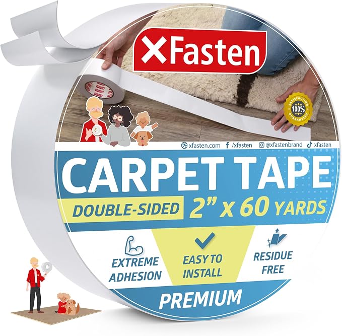 XFasten Double-Sided Carpet Tape for Area Rugs, 2 Inch x 60 Yards (180 Ft), Heavy Duty Grippy Residue-Free Silicone Adhesive Keeps Rugs in Place on Hardwood, Laminate and Tile Floors