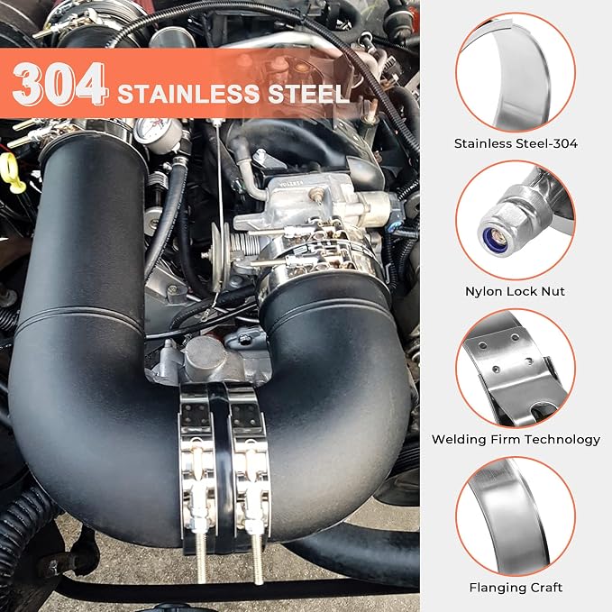 2 Pack 3.15" T-Bolt Hose Clamps, 304 Stainless Steel Turbo Intake Clamp, Working Range 3.43"-3.74"(87-95mm) for 3.15" I.D. Hose with 5mm Wall Thickness.(Measure your hose O.D. before buying)