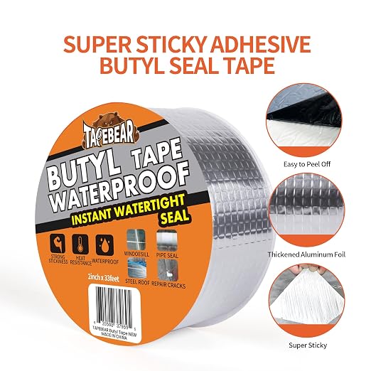 TAPEBEAR 16Rolls Butyl Tape Waterproof Sealant Tape 2inch x33feet | Aluminum Foil Duct Sealing Tape for RV Roof Repair, Boat and Pipe Sealing, Silicone, Glass & EDPM Roof Leak Patching, 16Rolls