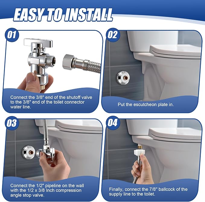 Toilet Shut Off Valve 1/2" PTC x 3/8" OD Compression 12" Supply Line kit | Complete Toilet Connector Water Line Kit with 12'' L 3/8" COMP x 7/8" OD Toilet Supply Line,Escutcheon Plate,Disconnect Clip