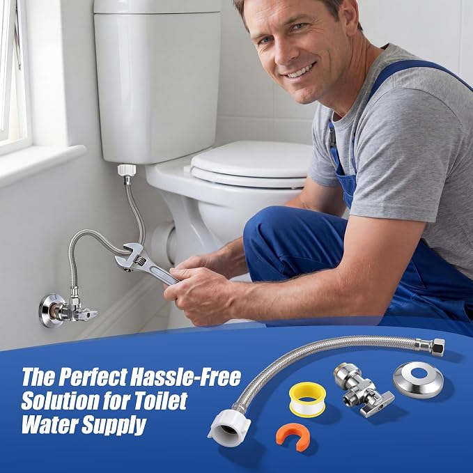 Toilet Shut Off Valve 1/2" PTC x 3/8" OD Compression 12" Supply Line kit | Complete Toilet Connector Water Line Kit with 12'' L 3/8" COMP x 7/8" OD Toilet Supply Line,Escutcheon Plate,Disconnect Clip