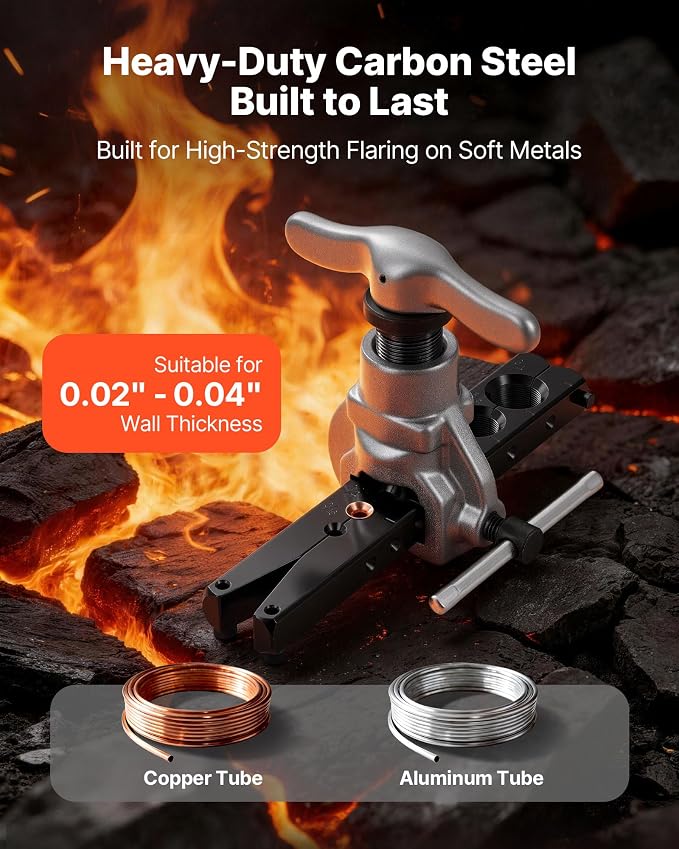VEVOR Flaring Tool HVAC, 45° Eccentric Single Flaring Tool for 3/16" - 3/4" Copper Aluminum Tubes, Copper Pipe Flare Tool Kit for Refrigeration Air Conditioner Repair - Toolbox Included