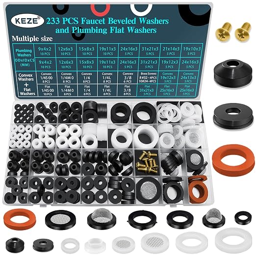 KEZE 233 pcs Bevel Washer and Plumbing Flat Head Washers and 165 PCS Silicone Gasket Seals Kit for Faucet Splitter Gasket Leak Plumbes Valve Stem Worn Out Repair
