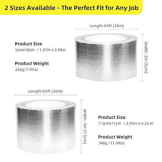 3 Inch x 65 Ft Fiberglass Reinforced Aluminum Foil Tape, 6 Mil Heavy Duty Heat Resistant to 500°F Waterproof for HVAC Ducts, Dryer Vents, Furnace Connections, Exhaust & Pipe Insulation