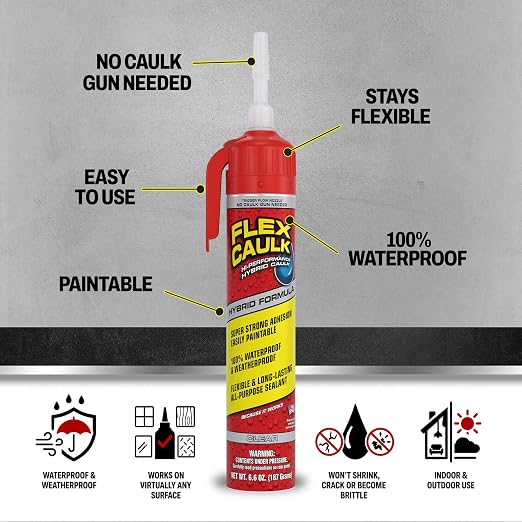 Flex Caulk, Waterproof & Weatherproof Hybrid Polymer Sealant, Strong, Paintable, Indoor, Outdoor, Bath, Shower, Sink, Window, Baseboards, Door, RV, Roof, Wood, Auto & Marine, Clear, 6.6 oz, 2-Pack