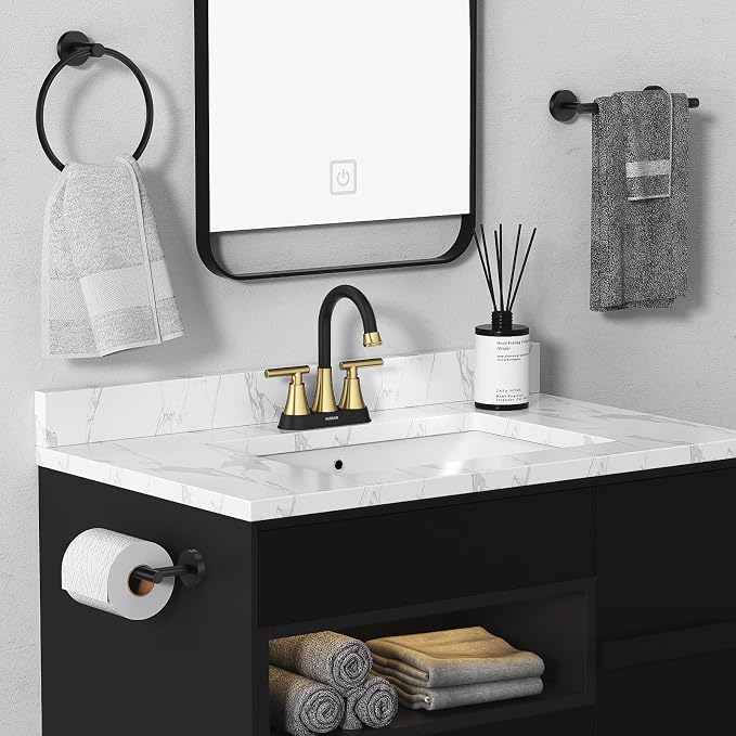 Bathroom Faucet, Hurran 4 inch Centerset 2-Handle Lead-Free, Black&Gold