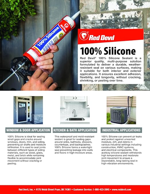 Red Devil 0820 100% Silicone Sealant Architectural Grade, 2.8 oz. Tube, Clear, 1 Pack