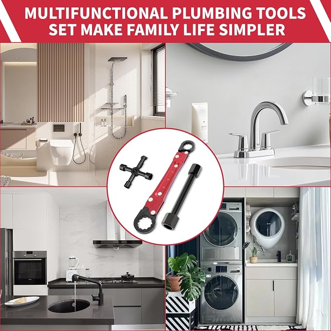 Angle Stop Wrench Kit, 3-Piece Plumbing Tool Set with Compression Sleeve Puller & 4-Way Sillcock Key, 15/16" & 5/8" Plumber Wrench for 3/8" & 1/2" Angle Stop Valves, Tight Spaces