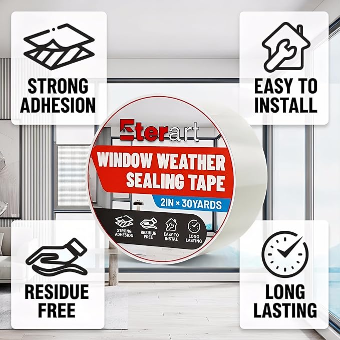 ETERART Transparent Weatherproof Seal Tape for Rain Leaks, 2" x 30Yds | Heavy Duty Adhesive for Winter Drafts, No-Residue Weather Stripping for RVs, Windows, Doors & Renters, easy tear