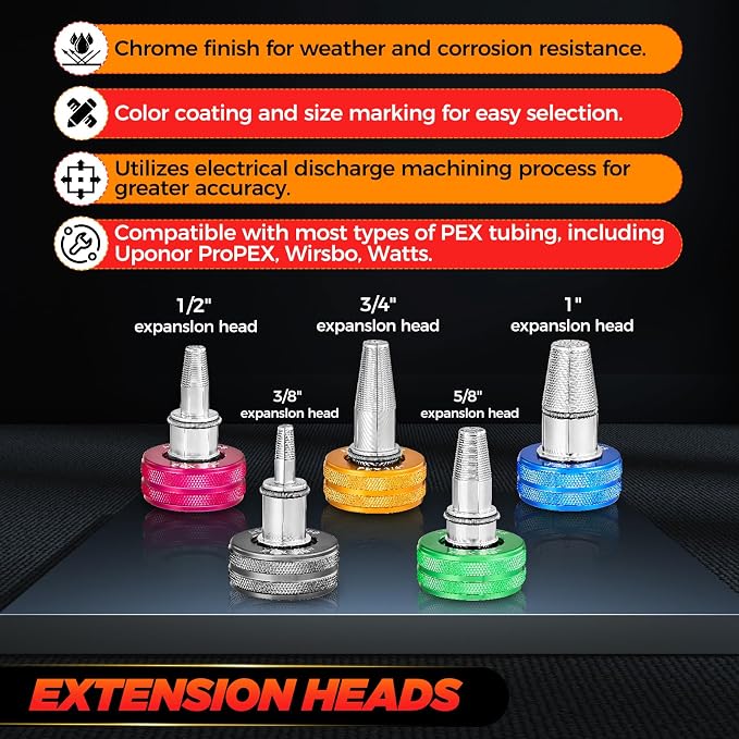 Saker PEX-A Expansion Tool Kit, 5 Heads, Manual Expander Tool | Fits 3/8", 1/2", 5/8", 3/4" & 1" PEX-A, Compatible with SD-F1960 Standard, Non-Slip Handles, Includes 5 Expansion Heads