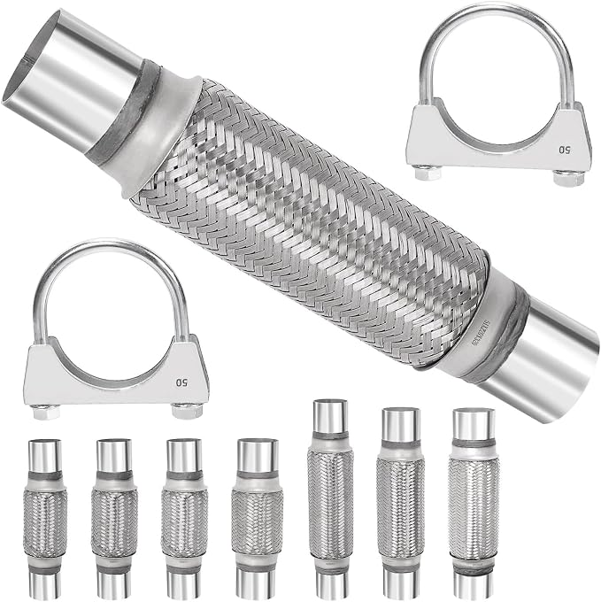 Swpeet 1Pcs 2 X 7.9 Inches Exhaust Flex Pipe with 2 Inches Exhaust U Clamp Kit, Universal Type Stainless Steel Double Braid Zinc Pipe Exhaust Flex Tube Ideal for Heavy Duty and Cars