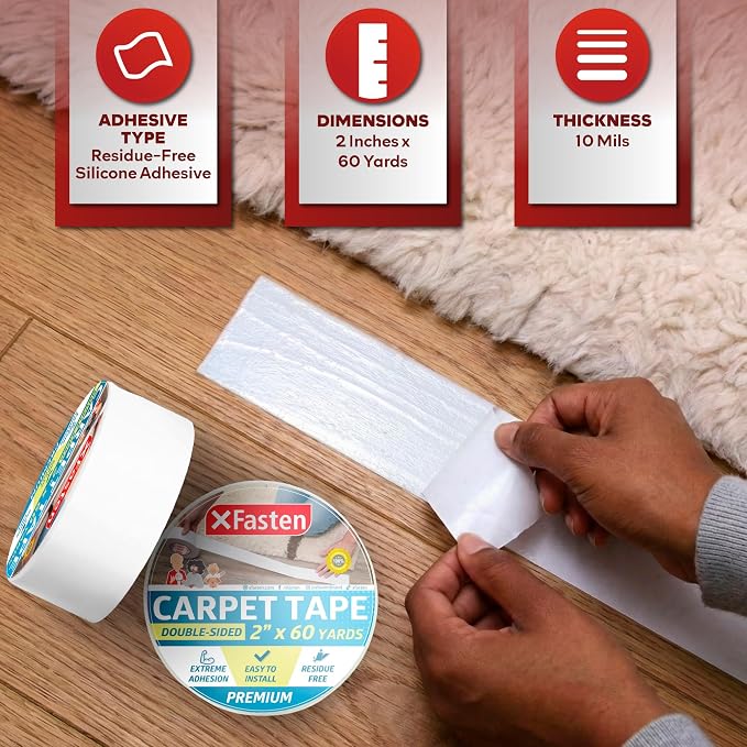 XFasten Double-Sided Carpet Tape for Area Rugs, 2 Inch x 60 Yards (180 Ft), Heavy Duty Grippy Residue-Free Silicone Adhesive Keeps Rugs in Place on Hardwood, Laminate and Tile Floors