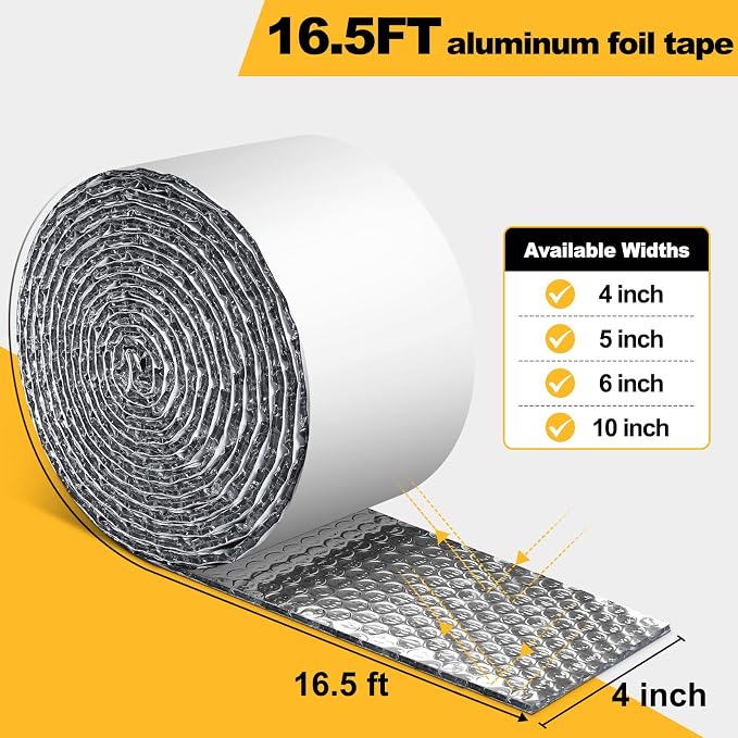 Double Bubble Reflective Foil Insulation Tape, Self-Adhesive Bubble Wrap for Garage Door Insulation, Window Thermal Barrier, Weatherproof, Pipe Insulation Wrap for AC Exhaust Hose, HVAC Duct - 10 inch