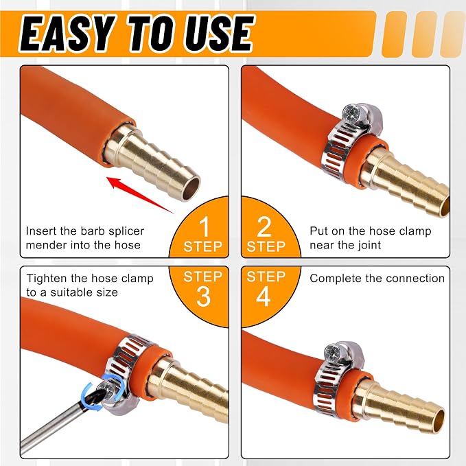 48PCS Brass Hose Barb Splicer Mender Fittings with Pipe Clamp | 1/8" 3/16" 1/4" 5/16" 3/8" 1/2" 5/8" 3/4" Barbed Fitting with 96Pcs Stainless Steel Hose Clamps for Air/Fuel/Water/Oil Hose