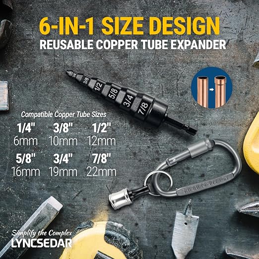 6-in-1 Copper Swedge Tool HVAC, Black Soft Tube Expander, Carbon Steel, Bit Holder, No.8 Flat Carabiner, Swaging Tool Set for Drill, Swage Repair Kit for 1/4 3/8 1/2 5/8 3/4 7/8 Pipe