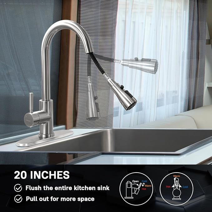 WEWE High-Arc Pull-Down Kitchen Faucet, Brushed Nickel, 3-Mode Sprayer