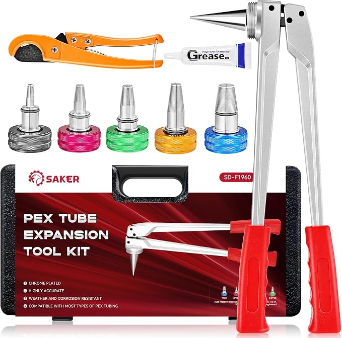 Saker PEX-A Expansion Tool Kit, 5 Heads, Manual Expander Tool | Fits 3/8", 1/2", 5/8", 3/4" & 1" PEX-A, Compatible with SD-F1960 Standard, Non-Slip Handles, Includes 5 Expansion Heads