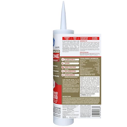 GE Advanced Silicone Caulk for Kitchen & Bathroom, Clear, 10 fl oz Cartridge, 1 Pack - 100% Waterproof Silicone Sealant, 5X Stronger Adhesion, Shrink & Crack Proof